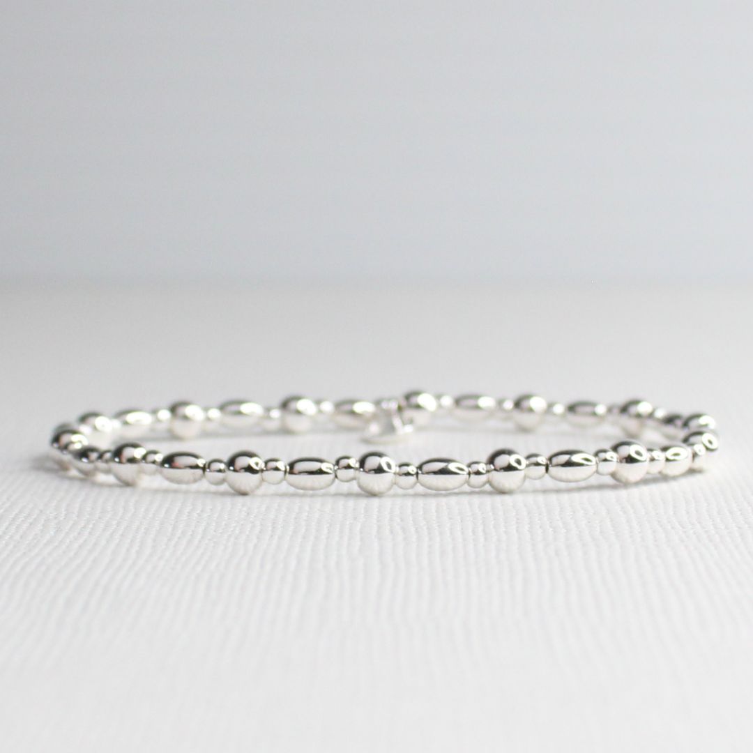 Sterling Silver Katie Bracelet - Rice & 4mm Plain Bead Bracelet #C
