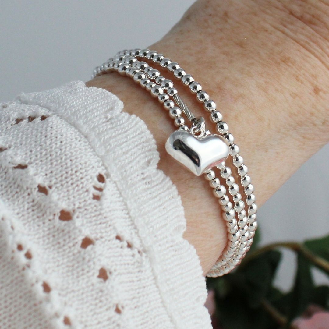 Large Puffed Heart Charm Silver Bead Stacking Bracelet