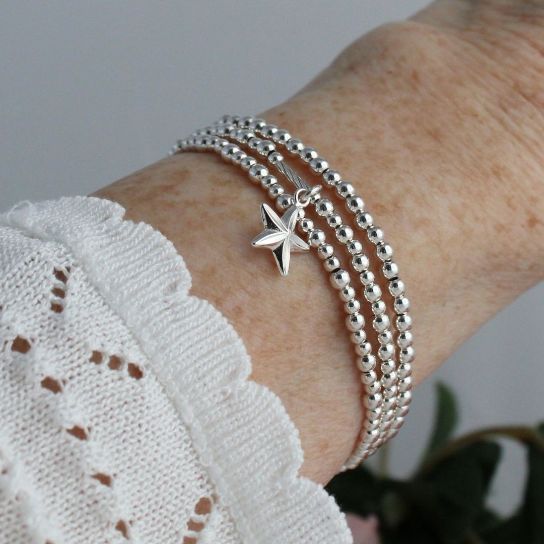 Star Silver Bead Stacking Bracelet