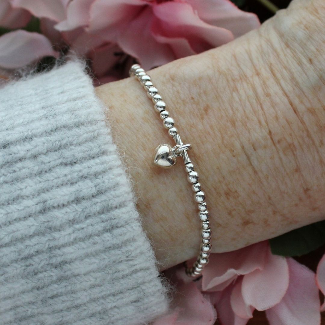 Small Puffed Heart Charm Beaded Stacking Bracelet