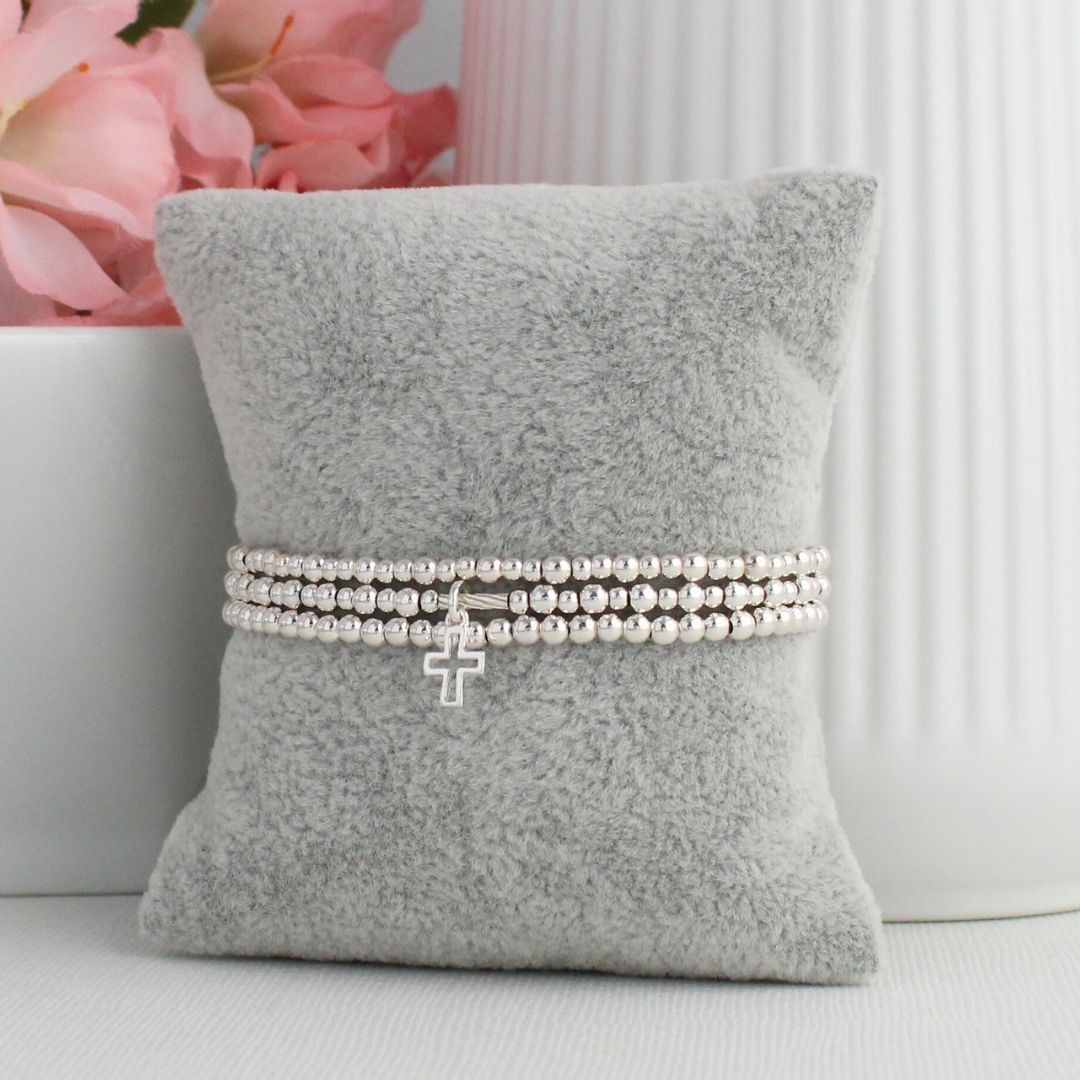 Small Open Cross Charm Silver Bead Stacking Bracelet
