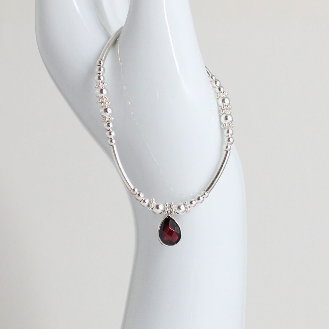 Sterling Silver Beaded Stacking Bracelet with Garnet – Delphine - Limited Edition
