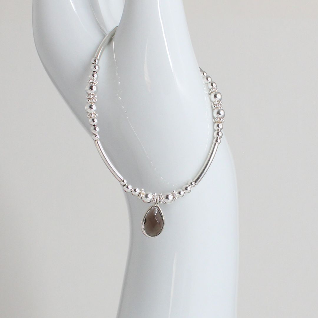 Sterling Silver Beaded Stacking Bracelet with Smokey Topaz – Elara - Limited Edition