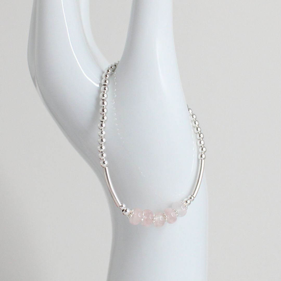 Sterling Silver Beaded Stacking Bracelet with Morganite - Sunset Whisper