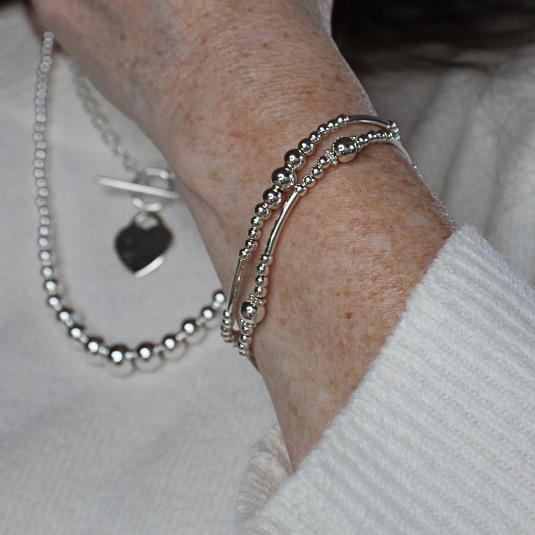 Sterling Silver Graduated Beads & Tubes Bracelet - Silvia