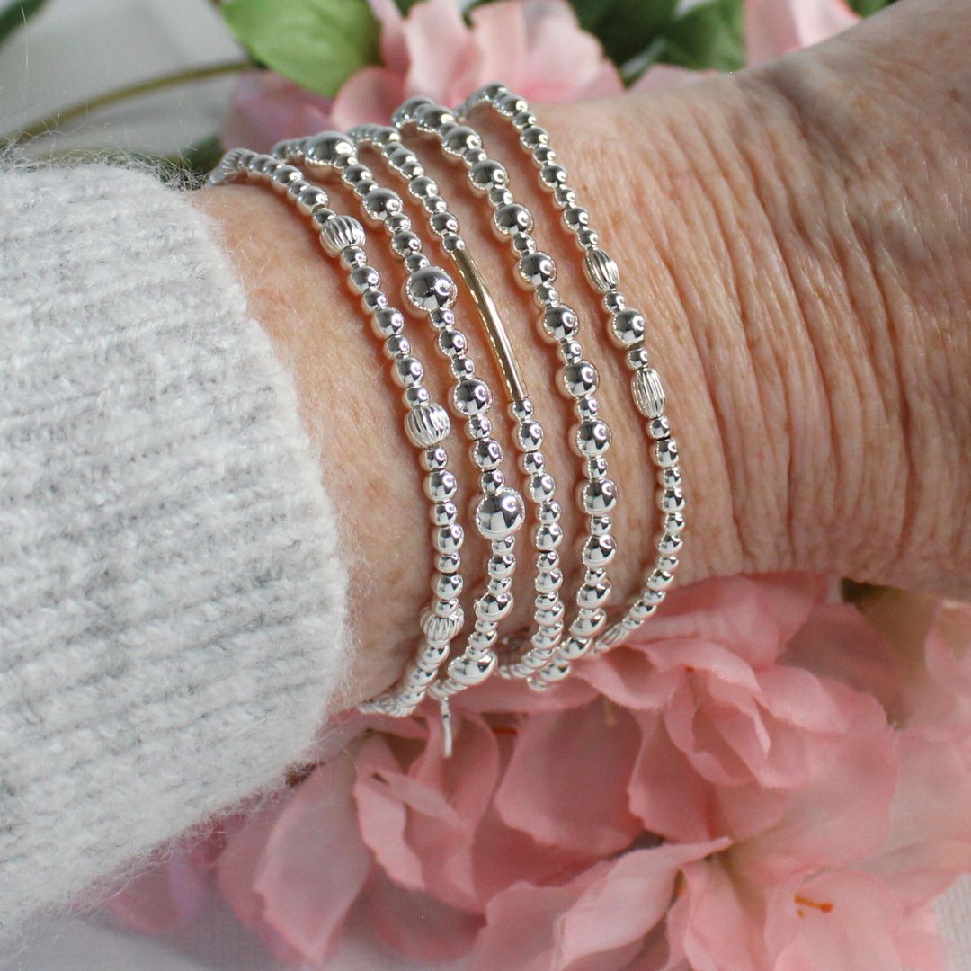 Sterling Silver Corrugated Mixed Bead Stacking Bracelet - Roma