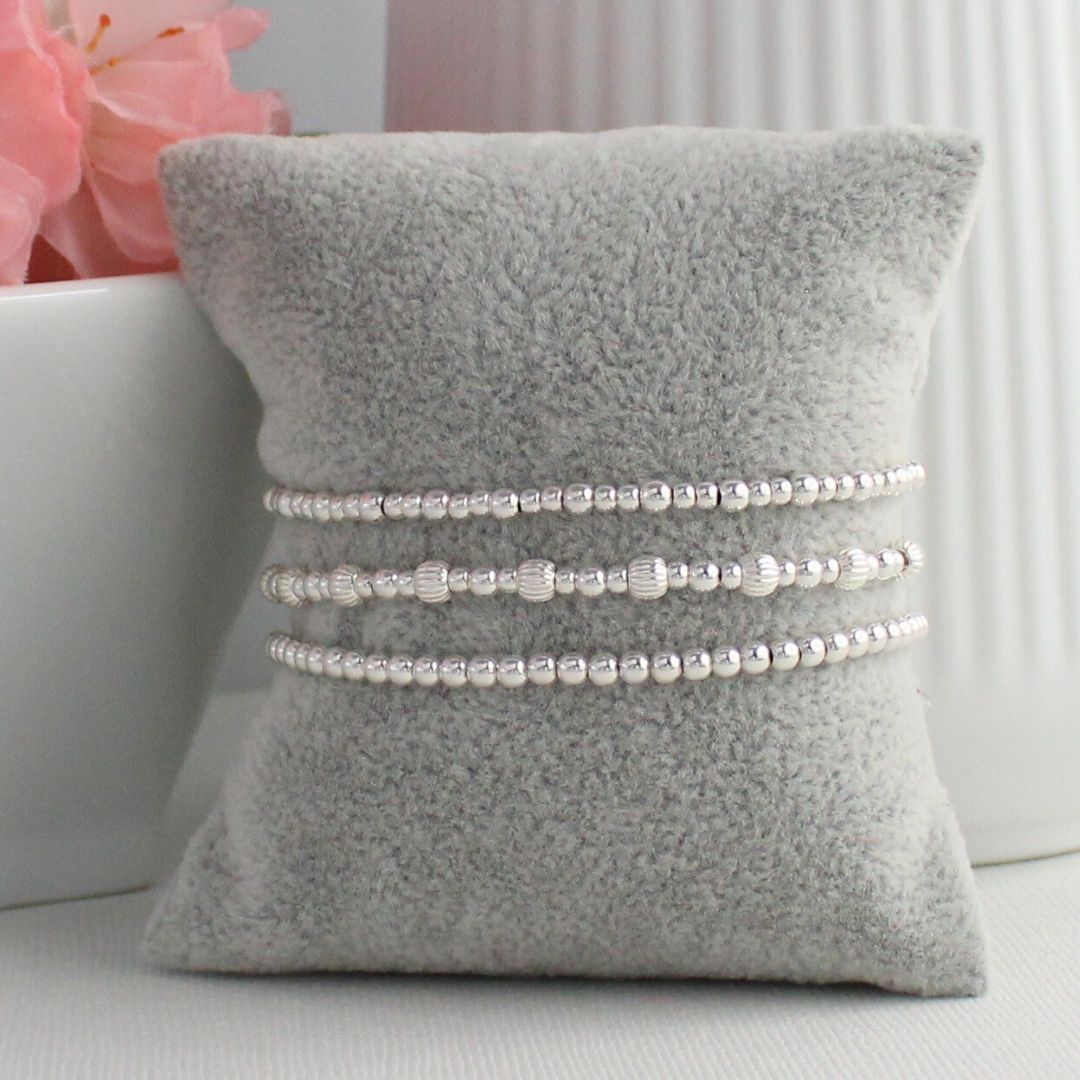 Sterling Silver Corrugated & Plain Beaded Stacking Bracelet - Modica