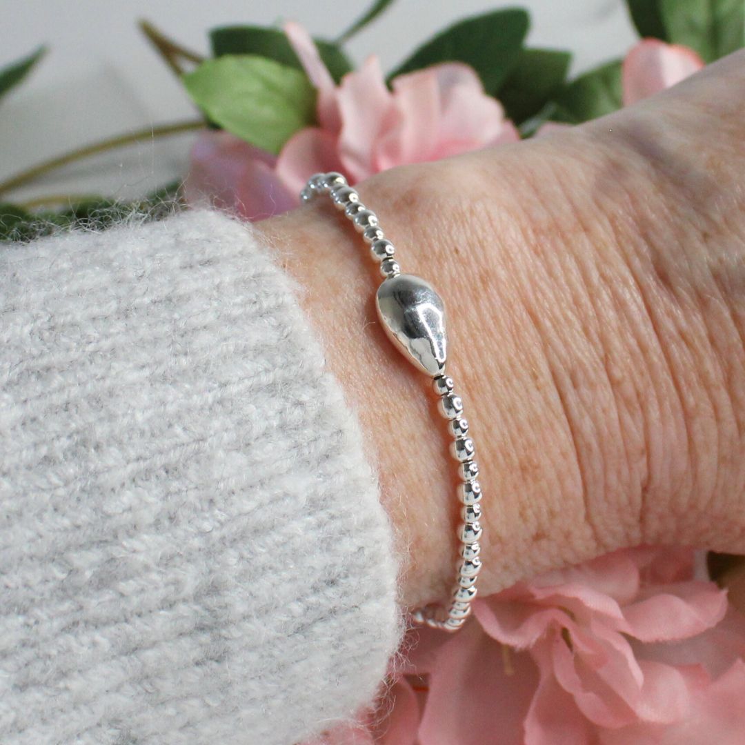 Sterling Silver Katie Bracelet - Hammered Pear-Shaped Focal Bead Bracelet