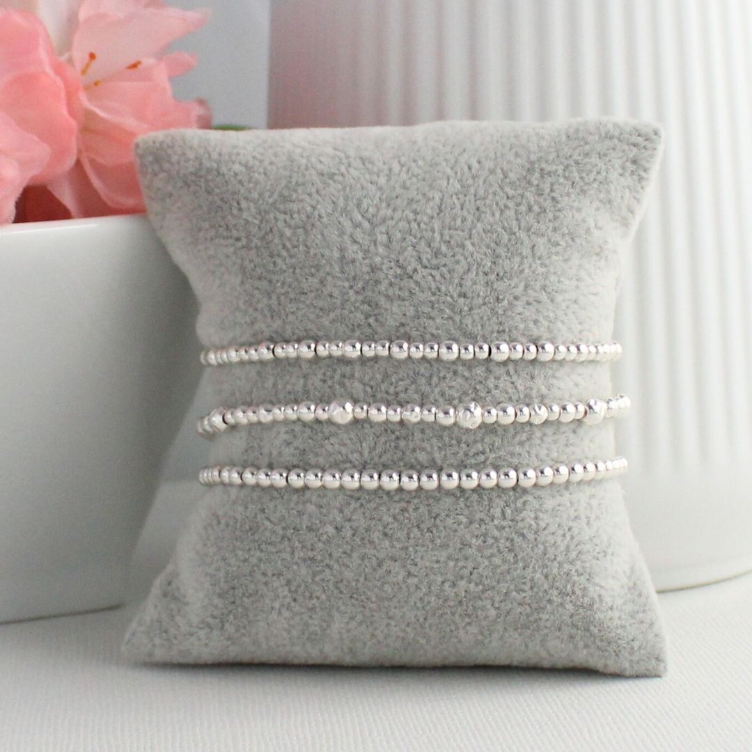 Sterling Silver Hammered & Plain Bead Stacking Bracelet - Florence