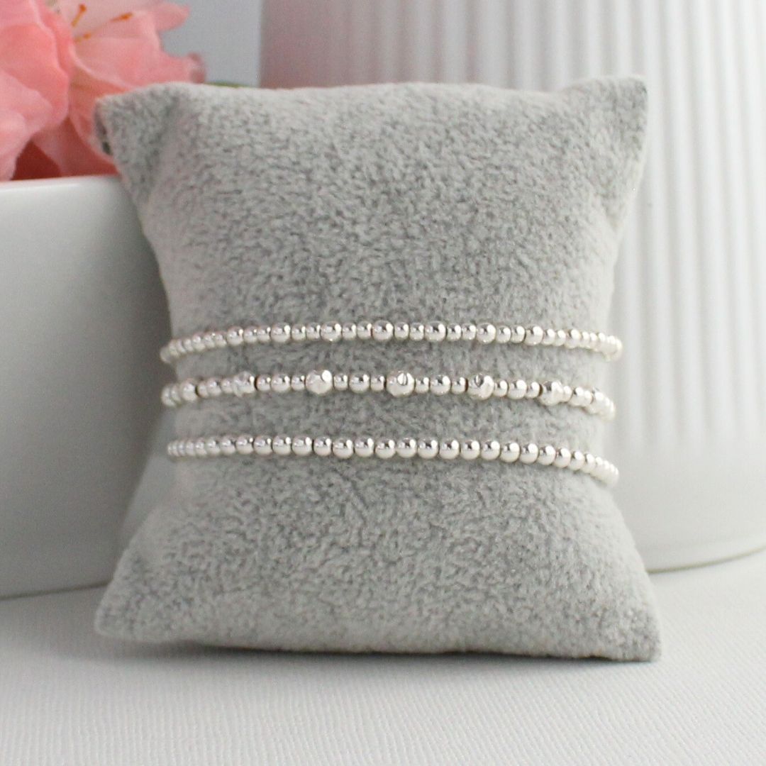 Sterling Silver Hammered & Plain Bead Stacking Bracelet - Alba