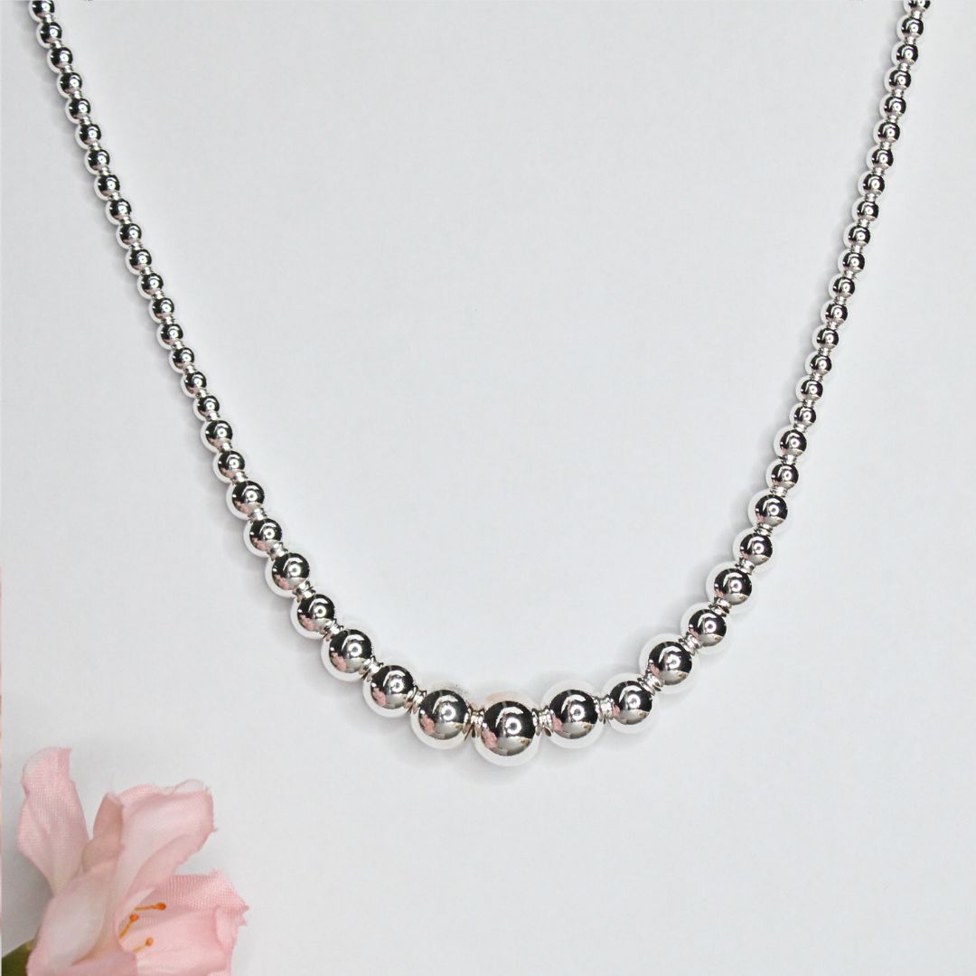 Graduated Full Strand Sterling Silver Bead Necklace - Olivia
