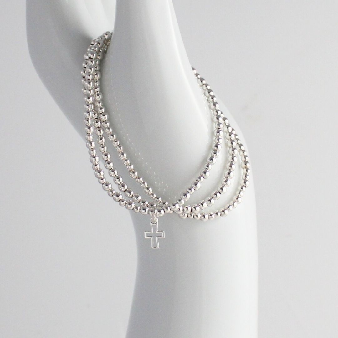 Small Open Cross Charm Silver Bead Stacking Bracelet