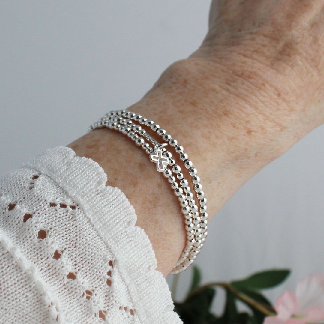 Small Open Cross Charm Silver Bead Stacking Bracelet