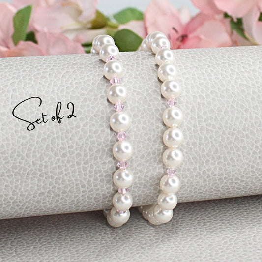 White Swarovski Pearl & Pink Crystal Bracelets