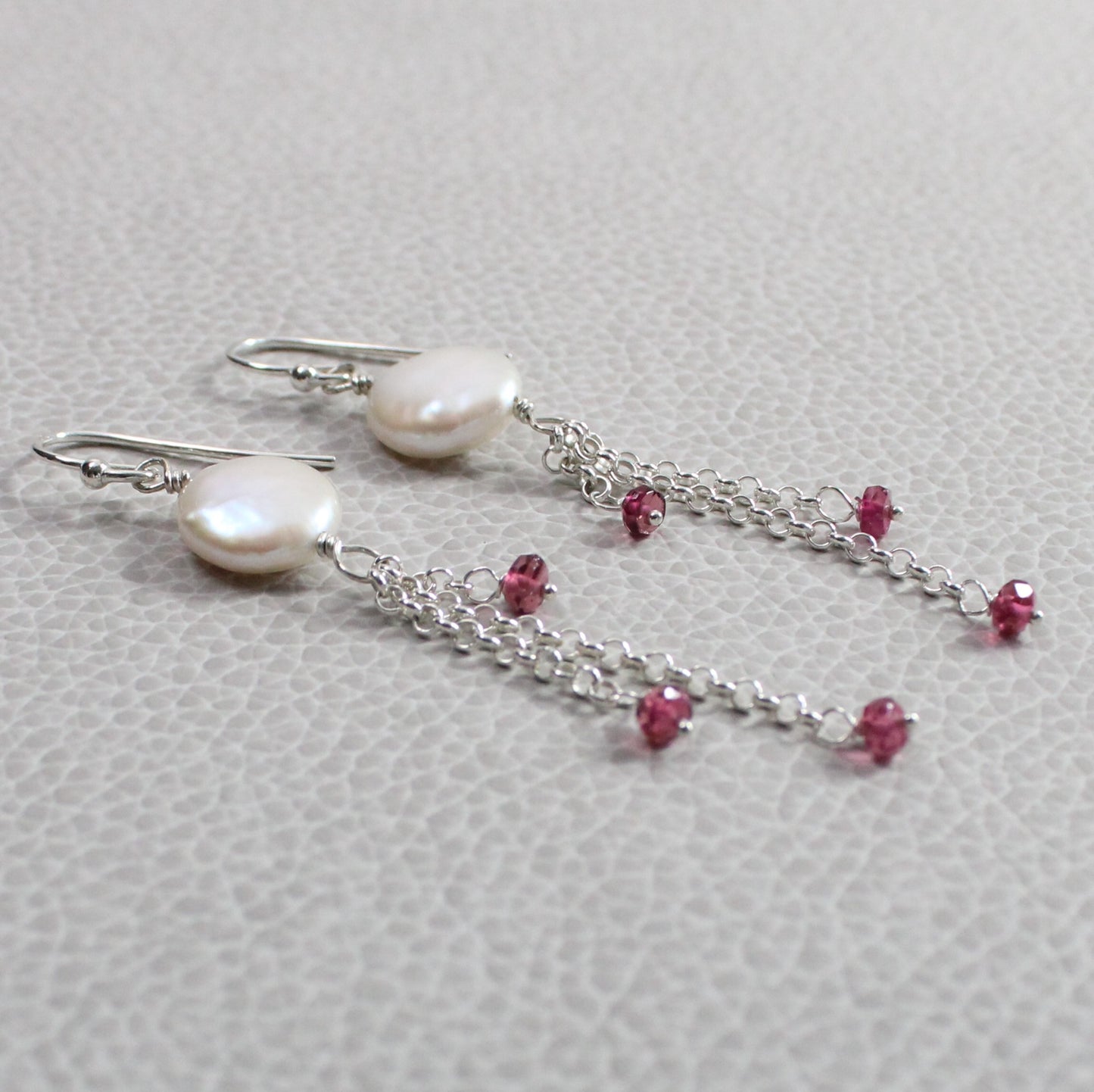 Coin Pearl and Raspberry Tourmaline Dangle Earrings - Amy