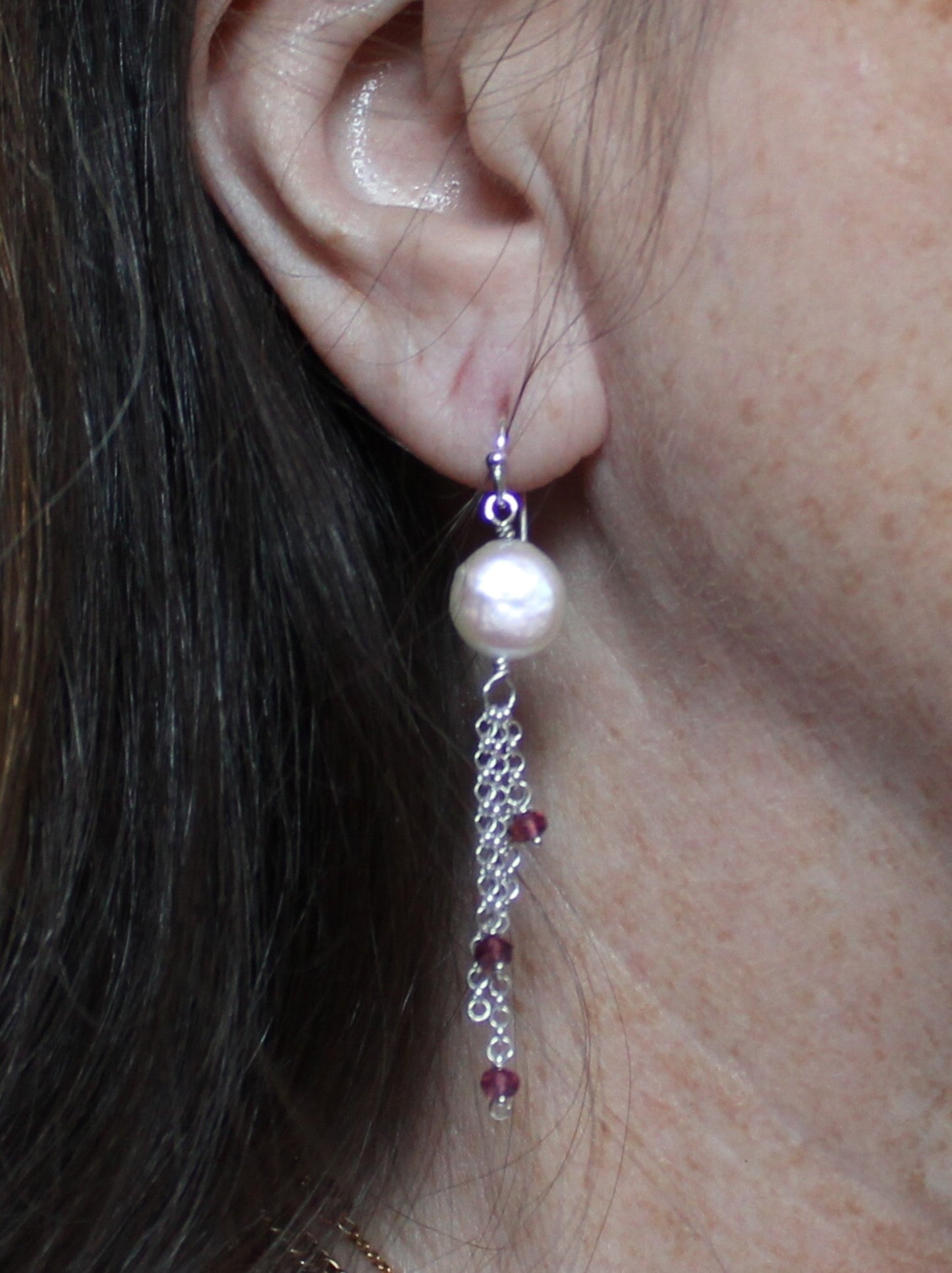 Coin Pearl and Raspberry Tourmaline Dangle Earrings - Amy