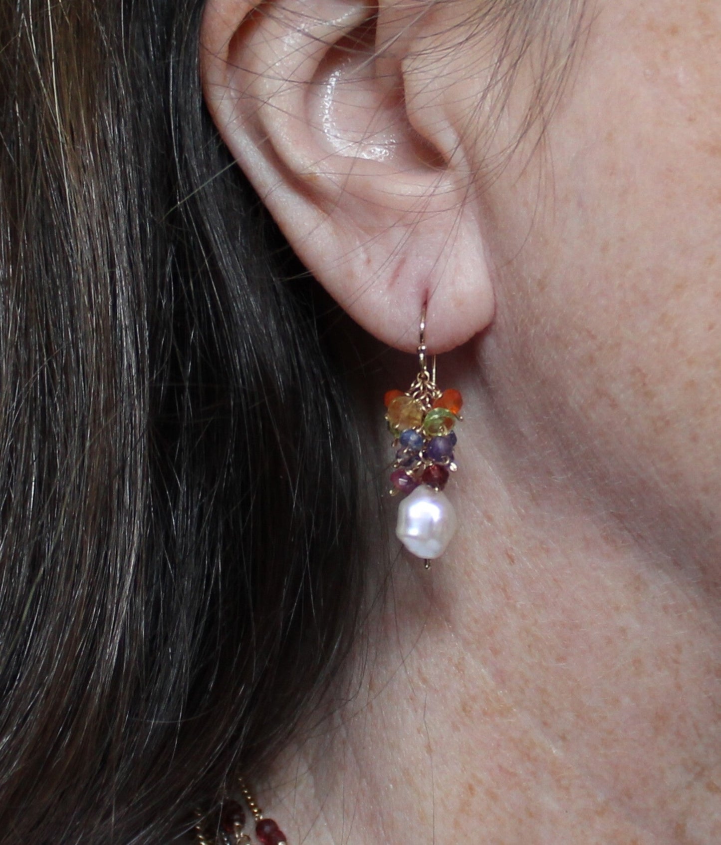 Rainbow Mixed Gemstone and Baroque Pearl Earrings - Feromia