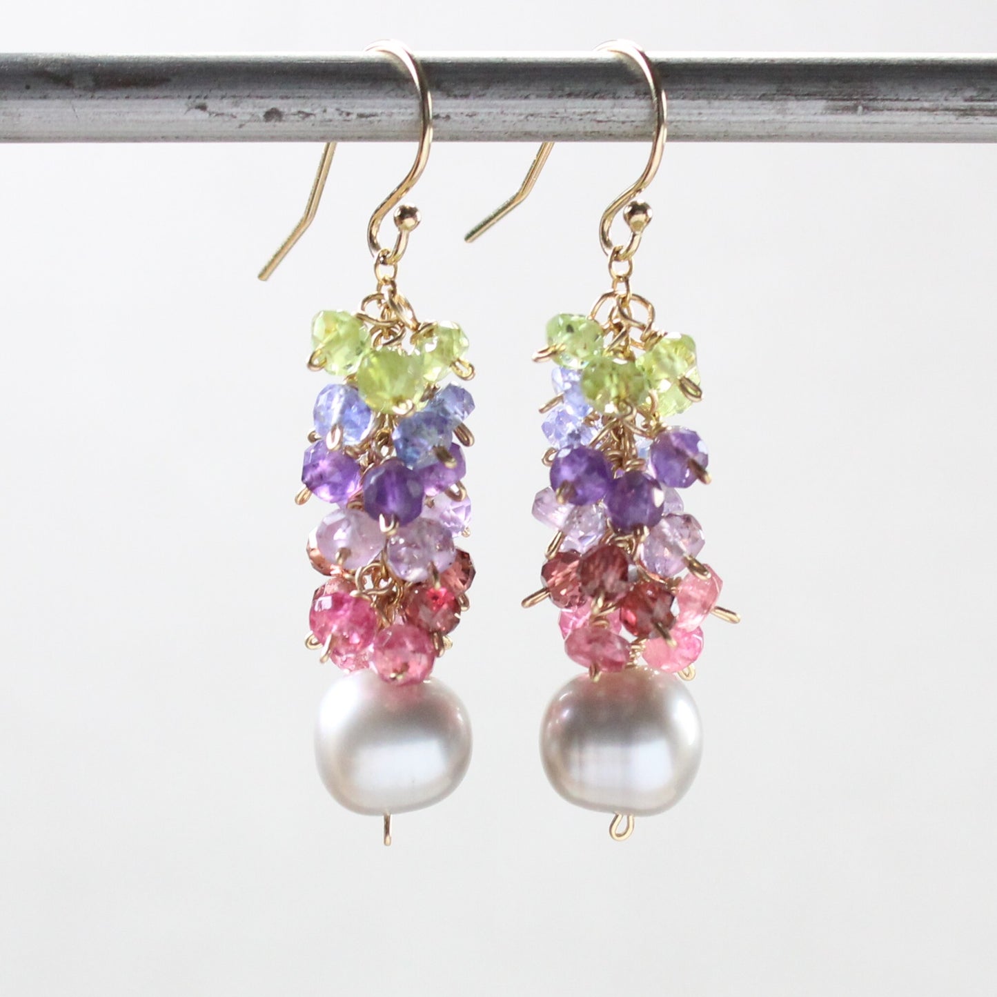 Mixed Gemstone and Grey Baroque Pearl Earrings - Gaia