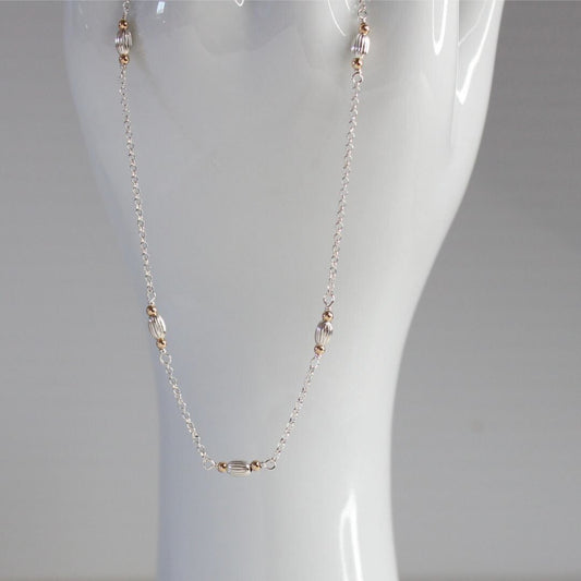 Radiance - Corrugated Melon Mixed Metal Ball Bead Station Chain Necklace - Silver Chain