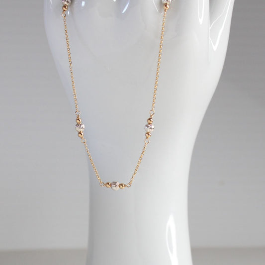 Strength - Round Corrugated Mixed Metal Ball Bead Station Chain Necklace -Gold Chain