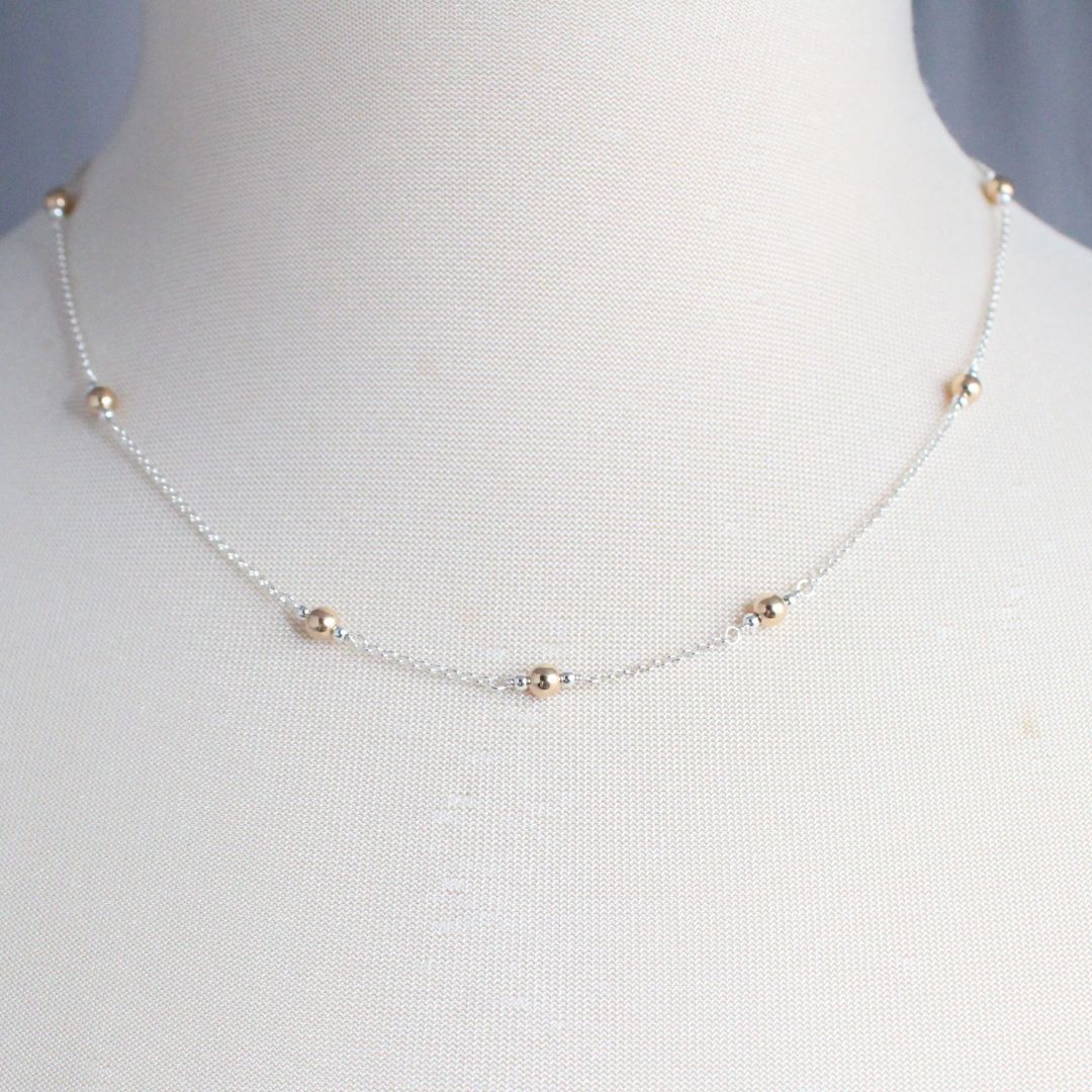 Tranquility - Ball Bead Mixed Metal Station Chain Necklace - Silver Chain