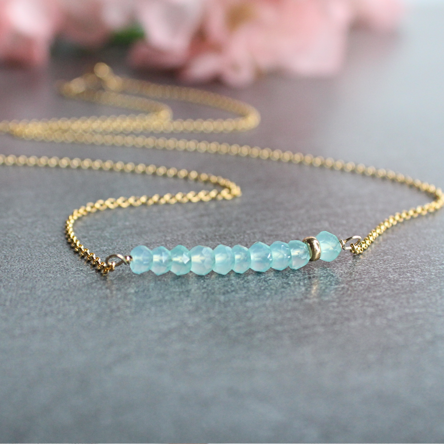 Chalcedony Gemstone Bar Necklace Gold Filled Limited Edition