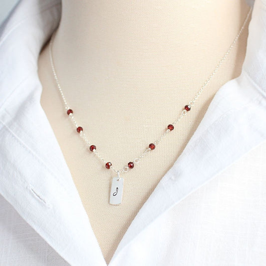 Birthstone Station Chain with Hand Stamped Love Drop Initial Charm