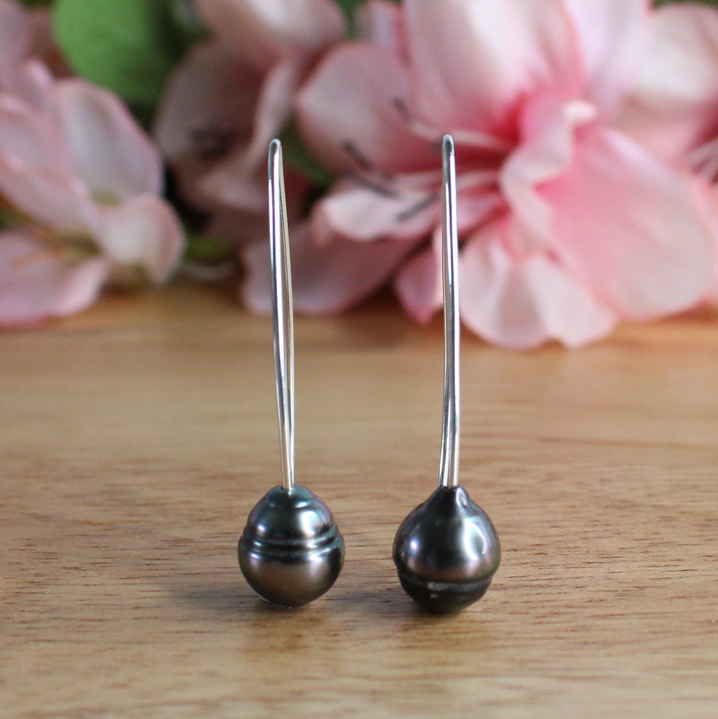 Black Tahitian Pearl Sterling Silver Long Dangle Earrings - Avery Silver