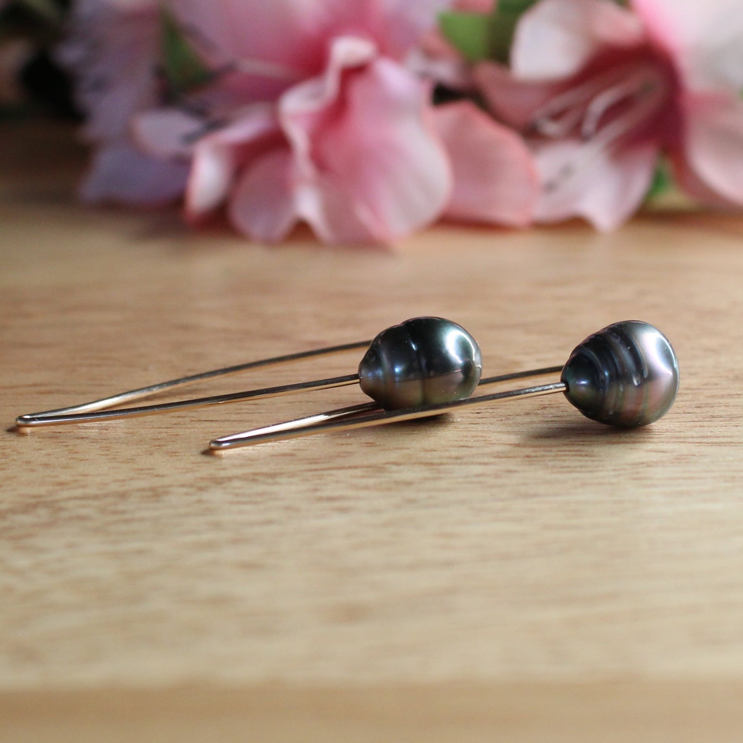 Tahitian Black Pearl Dangle Earrings - Avery Gold