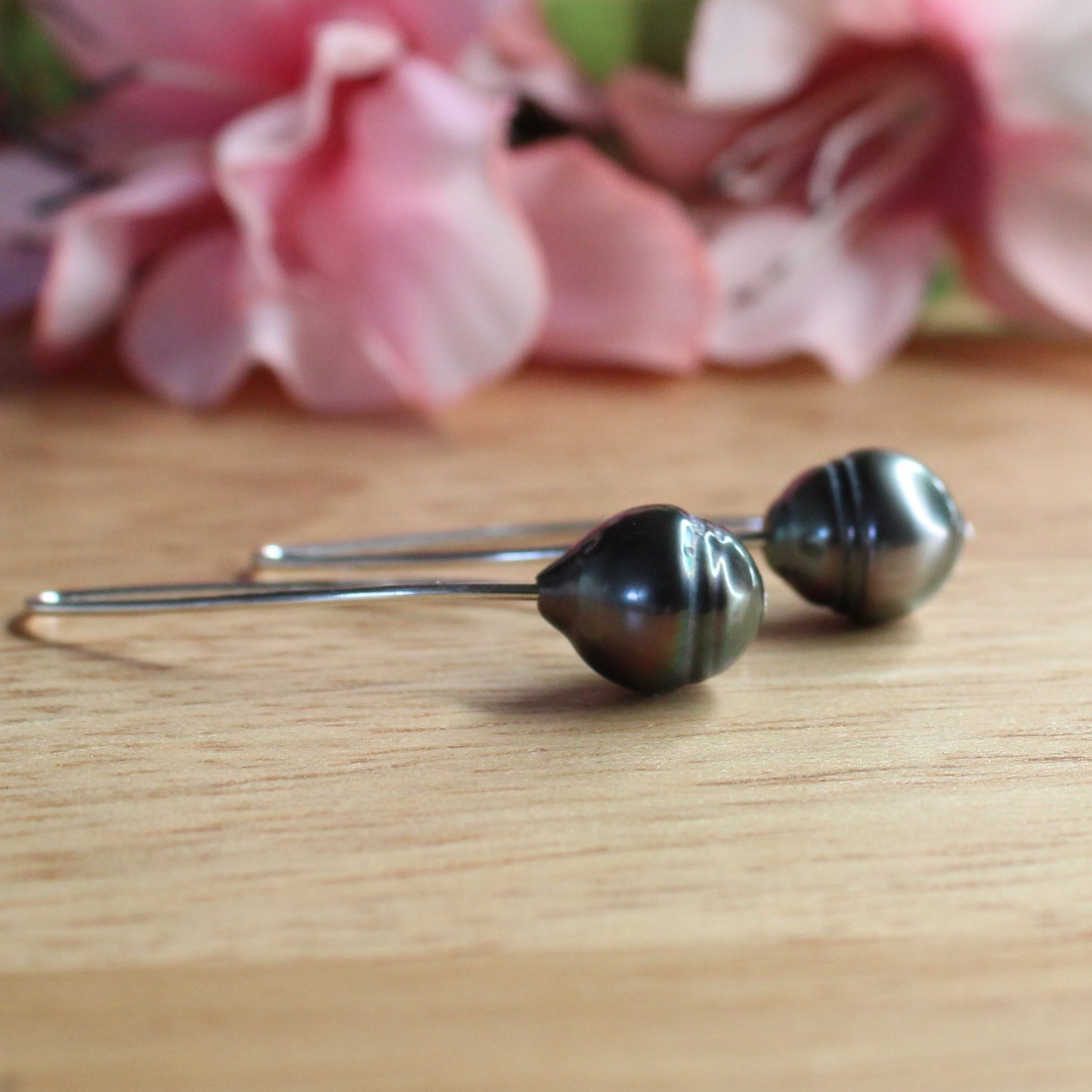 Black Tahitian Pearl Sterling Silver Long Dangle Earrings - Avery Silver