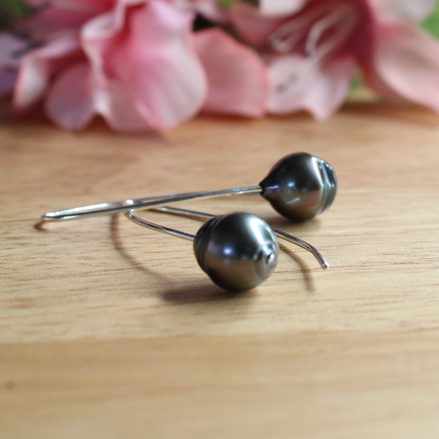 Black Tahitian Pearl Sterling Silver Long Dangle Earrings - Avery Silver