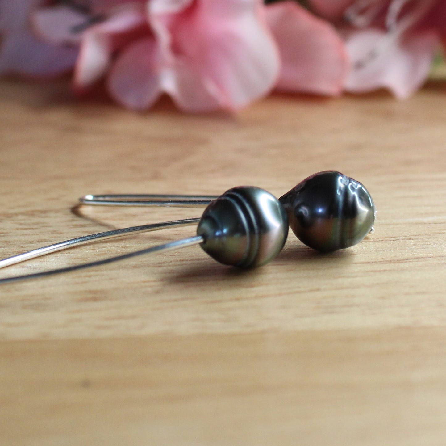 Black Tahitian Pearl Sterling Silver Long Dangle Earrings - Avery Silver