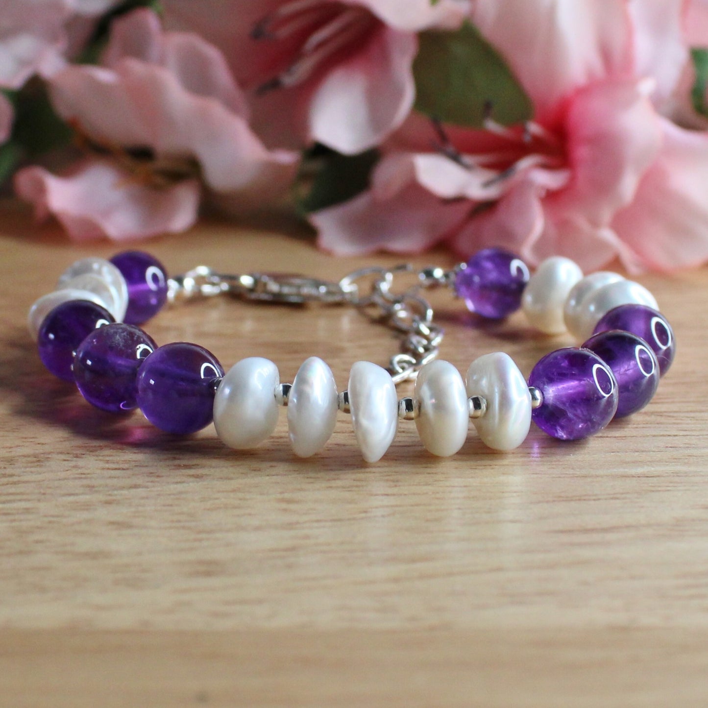 deep purple amethyst round gemstone beads, soft white keishi pearls, sterling silver lobster clasp, extender chain, beads