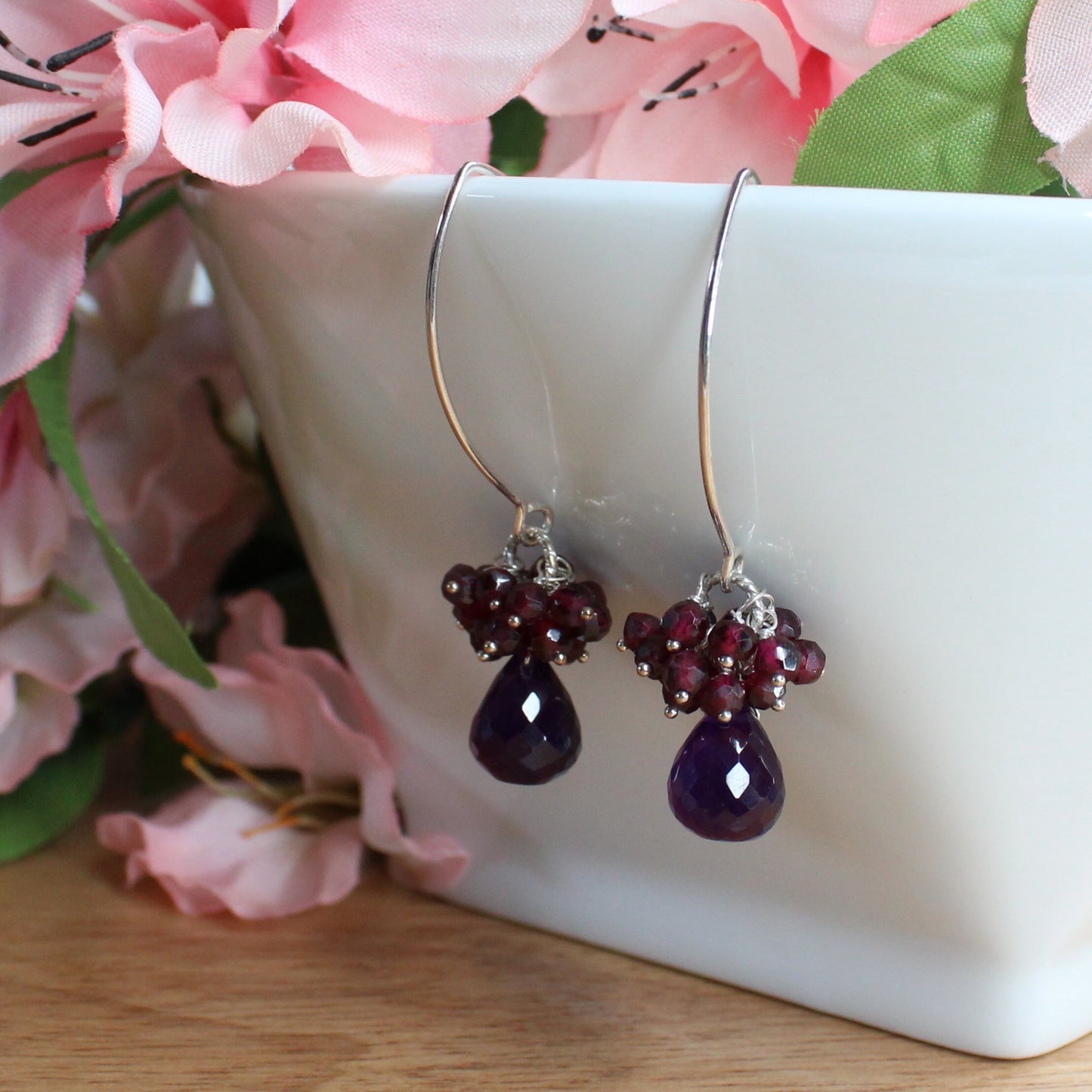 deep purple facetted amethyst briolette drops, facetted rhodolite garnets, plummy rondelles, sterling silver earwires, handcrafted earrings