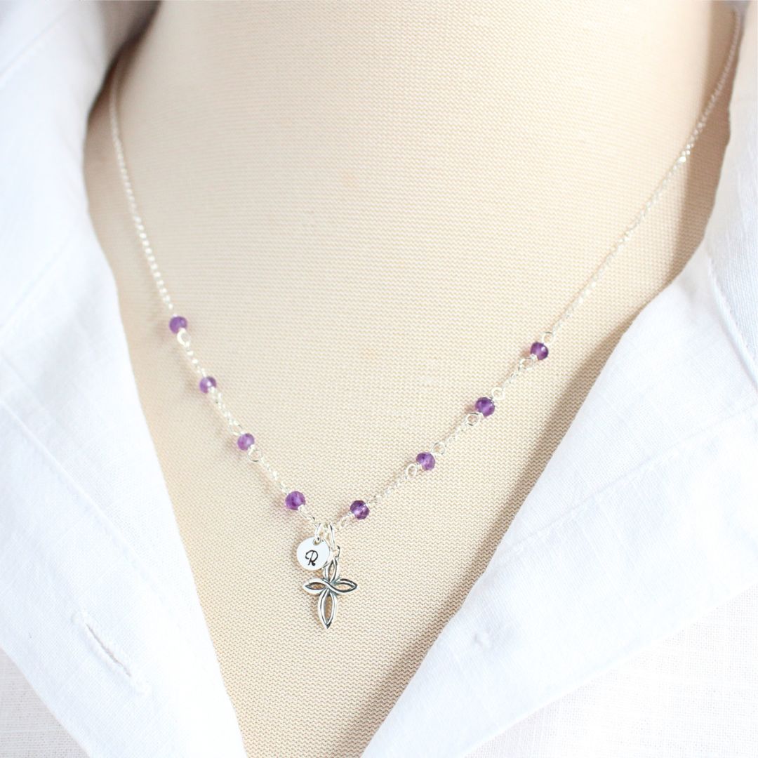 Cross Charm and Tiny Love Drop Initial Charm on Birthstone Station Chain