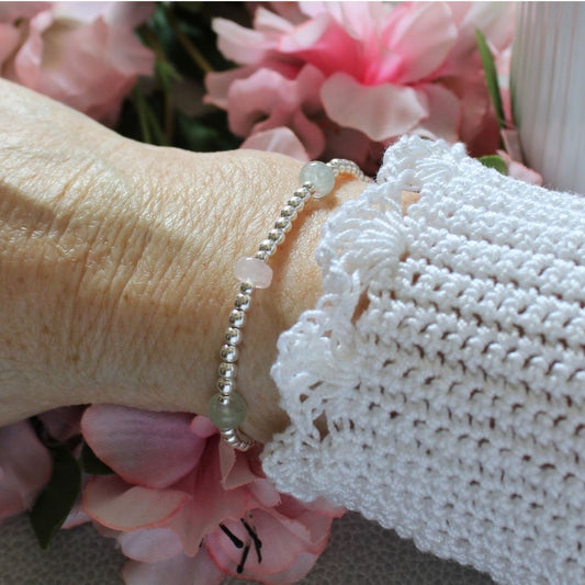 Aquamarine, Morganite Sterling Silver Bead Stacking Bracelet - Blush Tide