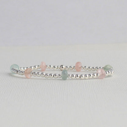 Aquamarine, Morganite Sterling Silver Bead Stacking Bracelet - Blush Tide