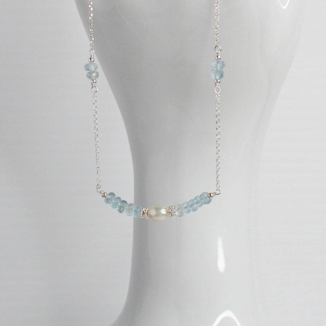 Aquamarine  Pearl & Sterling Silver Necklace - Morning Dew