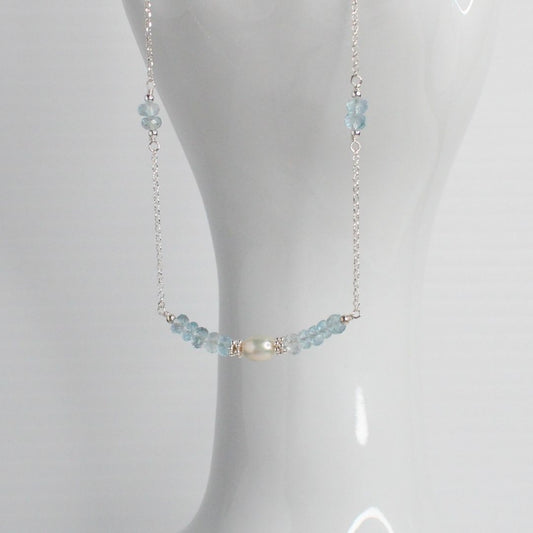 Aquamarine  Pearl & Sterling Silver Necklace - Morning Dew