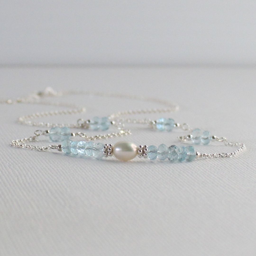 Aquamarine  Pearl & Sterling Silver Necklace - Morning Dew