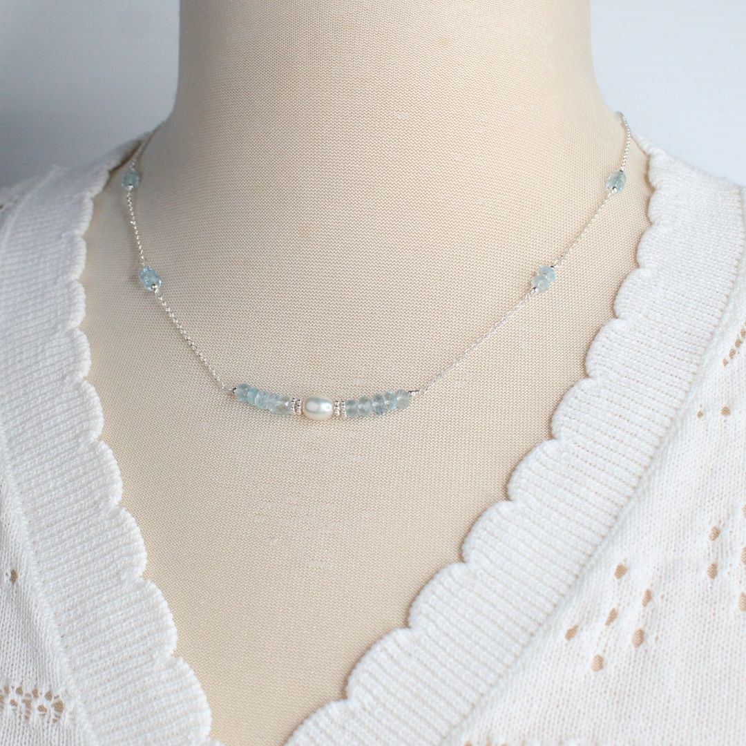 Aquamarine  Pearl & Sterling Silver Necklace - Morning Dew