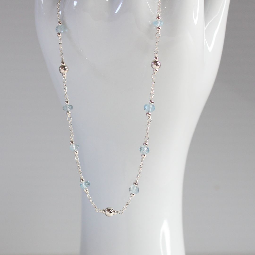 Aquamarine Sterling Silver Beaded Necklace - Seafoam Drift