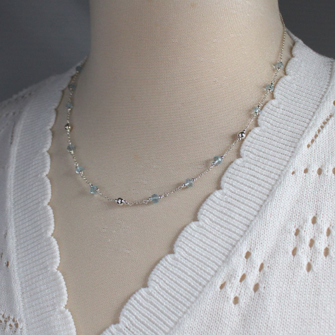 Aquamarine Sterling Silver Beaded Necklace - Seafoam Drift