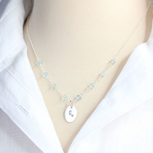 Hand stamped Initial Heart Charm on Birthstone Station Chain Necklace