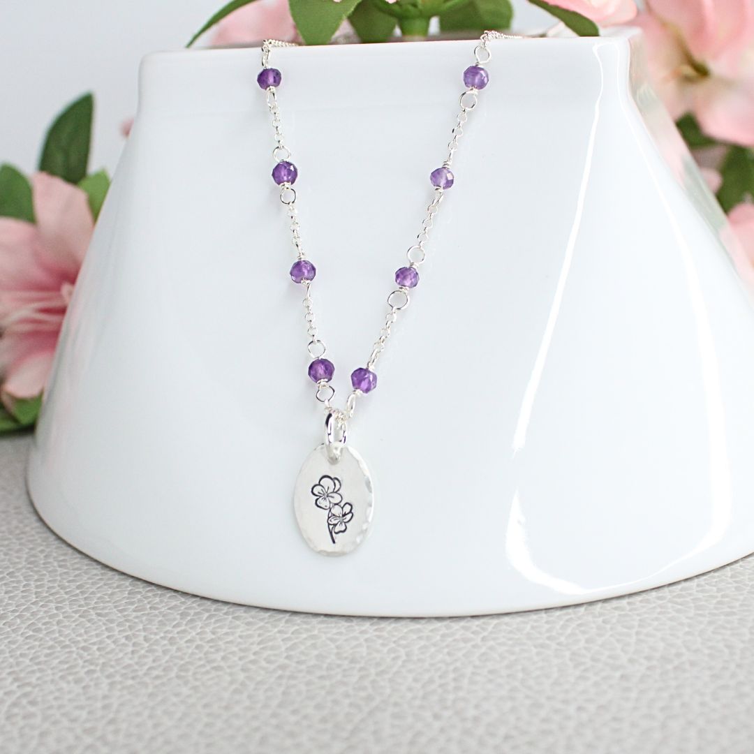 February Violet Birth Flower Necklace Sterling Silver