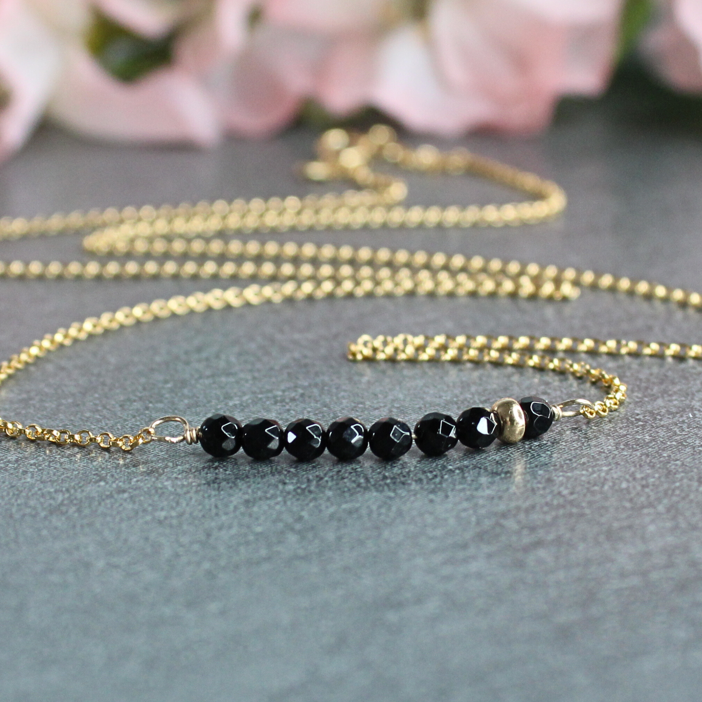Black Onyx Gemstone Bar Necklace Gold Filled Limited Edition