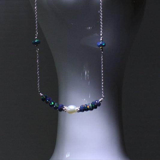Black Opal, Pearl & Sterling Silver Necklace - Midnight Petal