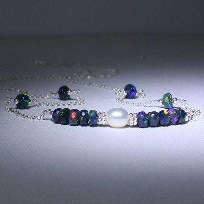 Black Opal, Pearl & Sterling Silver Necklace - Midnight Petal