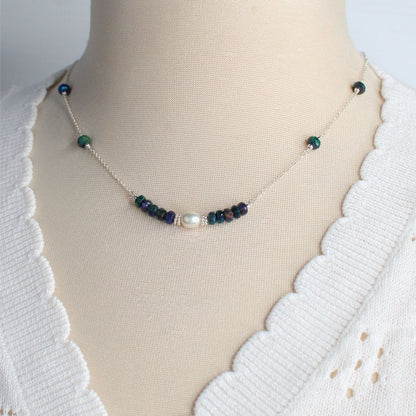 Black Opal, Pearl & Sterling Silver Necklace - Midnight Petal