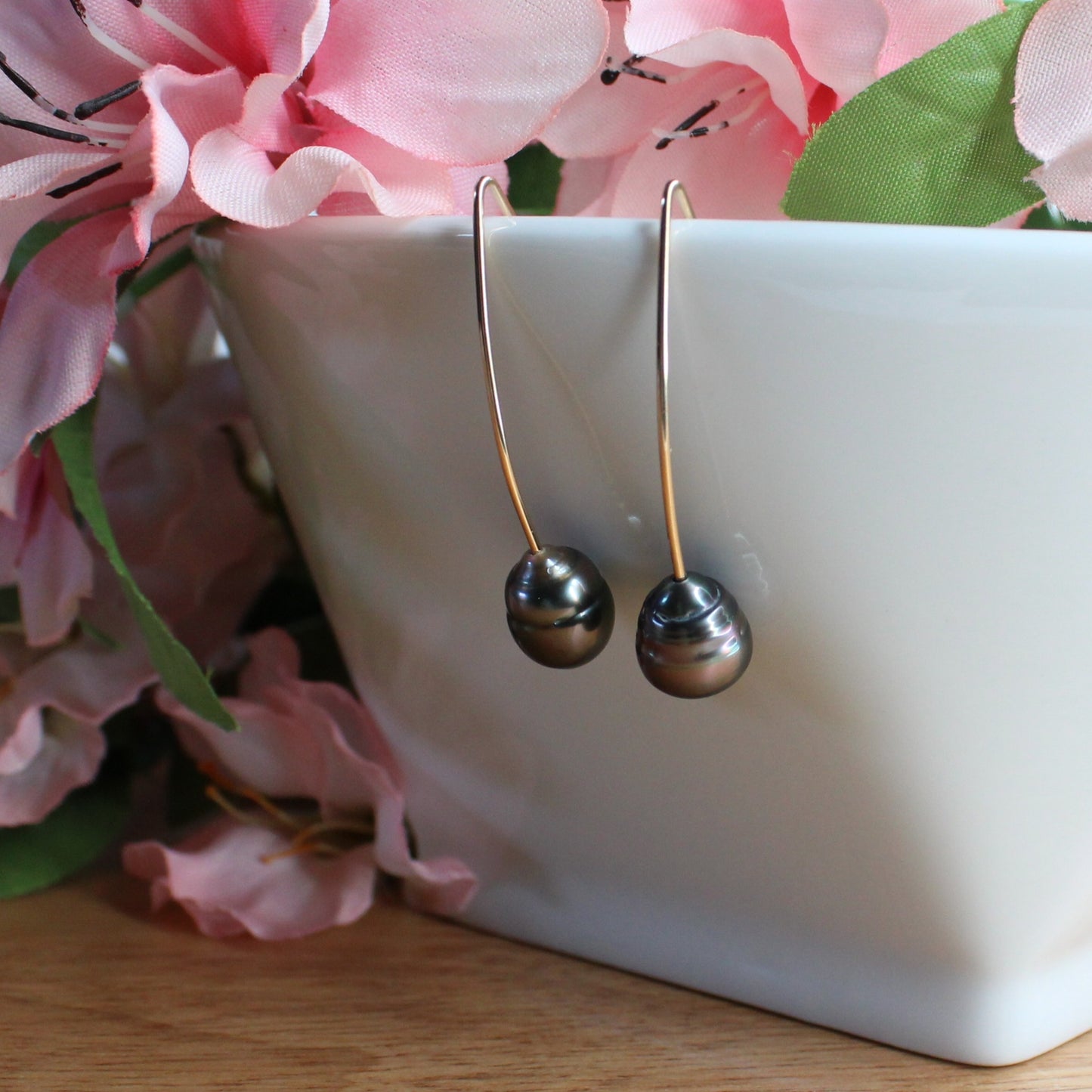 Tahitian Black Pearl Dangle Earrings - Avery Gold